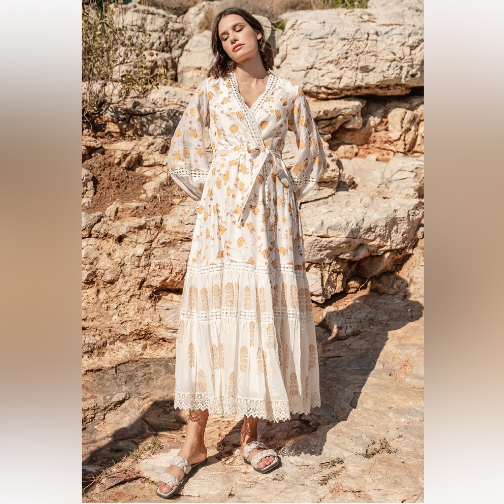 White silk tiered floral dress with belt